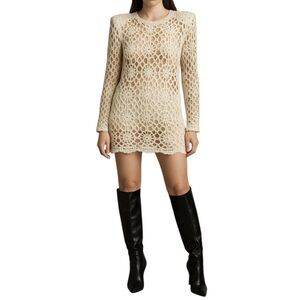 Epogee Y2k Romantic Boho Long Sleeve Cream Floral Crochet Open Knit Mini Dress M